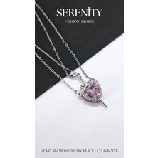 Serenity Pembe Kalp Kılıç Çift Çelik Kolye