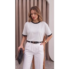 Teenage Millionaire Kadın Taş Siyah Biye Garnili Orta Kalın Soft Kumaş Bisiklet Yaka Yarım Oversize Salaş T-Shirt