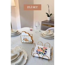 Edora Home 2’li Set Parlak Altın Kare Peçetelik Kafes Peçetelik Mutfak Seti