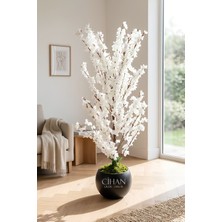 Cihan Çiçekçilik Yapay Beyaz Sakura Kiraz Çiçeği Ağacı 120 cm - Küre Plastik Saksılı 27X33 cm Saksı