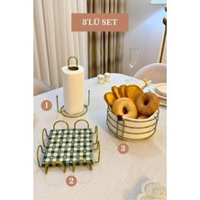 Edora Home 3’lü Set Mat Gold Kare Peçetelik Dik Kağıt Havluluk Misketli Yuvarlak Ekmek Sepeti Mutfak Seti