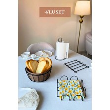 Edora Home 4’lü Set Siyah Kare Peçetelik Dik Kağıt Havluluk Misketli Nihale Oval Köşeli Ekmek Sepeti Bej Mutfak Seti