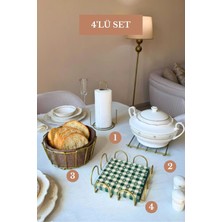Edora Home 4’lü Set Mat Gold Kare Peçetelik Dik Kağıt Havluluk Misketli Nihale Oval Köşeli Ekmek Sepeti Bej Mutfak Seti