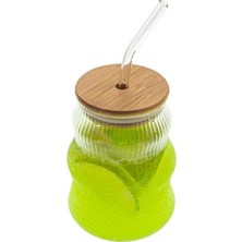 Canarino 500ML Bambu Kapaklı Cam Bardak, Cam Pipetli Silikon Kapak Contalı Ince Çizgi Desenli Sıcak Soğuk Içecekler Için Kahve Meyve Suları ve Çayları Için Ergonomik Şık Tasarım