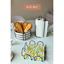 Edora Home 3’lü Set Siyah Kare Peçetelik Dik Kağıt Havluluk Ayraçlı Yuvarlak Ekmek Sepeti Mutfak Seti