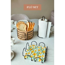 Edora Home 3’lü Set Siyah Kare Peçetelik Dik Kağıt Havluluk Ayraçlı Yuvarlak Ekmek Sepeti Mutfak Seti