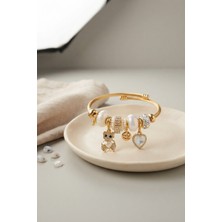 Clariss Tedy Bear Model Gold Renk Beyaz Charmlı Bileklik