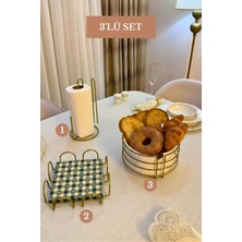 Edora Home 3’lü Set Mat Gold Kare Peçetelik Dik Kağıt Havluluk Ayraçlı Yuvarlak Ekmek Sepeti Mutfak Seti
