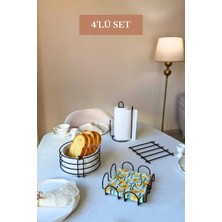 Edora Home 4’lü Set Siyah Kare Peçetelik Dik Kağıt Havluluk Ayraçlı Nihale Yuvarlak Ekmek Sepeti Mutfak Seti