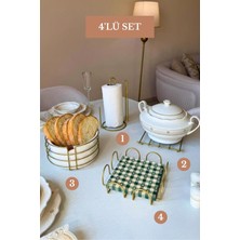 Edora Home 4’lü Set Mat Gold Kare Peçetelik Dik Kağıt Havluluk Ayraçlı Nihale Yuvarlak Ekmek Sepeti Mutfak Seti