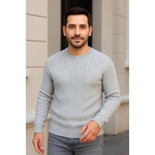 Velmora Fashion Erkek Bisiklet Yaka Triko Kazak Pamuklu Kalın Fitilli Dokuma Regular Fit - Gri