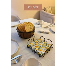 Edora Home 2’li Set Siyah Kare Peçetelik Oval Köşeli Ekmek Sepeti Bej Mutfak Seti