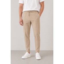 Erkek Bej Comfort Fit Jogger Pantolon – Ipli Bel ve Fermuarlı Paça