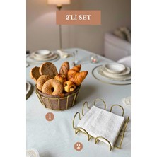 Edora Home 2’li Set Mat Gold Kare Peçetelik Oval Köşeli Ekmek Sepeti Bej Mutfak Seti