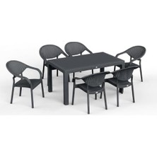 Odea 90 x 150 Bambu Plastik Rattan Camsız Bahçe Balkon Teras Masa Sandalye Takımı 6 Kolçaklı Sandalyeli (Antrasit)
