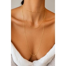 Balevien Gold Renk Katmanlı Çoklu Choker ve Uzun Zincir Kolye Kombini