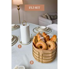 Edora Home 2’li Set Mat Gold Dik Kağıt Havluluk Misketli Yuvarlak Ekmek Sepeti Mutfak Seti