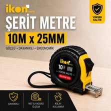 Ikon Tools Şerit Metre 10M x 25MM Profesyonel Ölçü Metresi Dayanıklı Gövde Kilitli Mekanizma Hassas Ölçüm