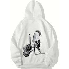 Brz Collection Unisex Oversize Rock The World Hoodıe (Beyaz)