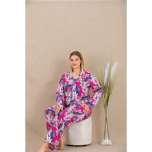 L'ombre Büyük Beden Renkli Yaprak Desenli Düğmeli Uzun Kol Viskon Pijama Takımı