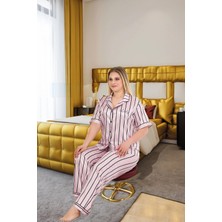 L'ombre Büyük Beden Şık Tasarım Pembe Siyah Çizgili Düğmeli Kısa Kol Lüx Saten Pijama Takımı