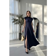 Alfudo Moda Collection Bisiklet Yaka Yırtmaçlı Maxi Elbise