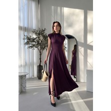 Alfudo Moda Collection Bisiklet Yaka Yırtmaçlı Maxi Elbise