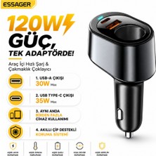 Essager 120W Süper Hızlı Araç Şarj Cihazı – 35W Type-C + 30W USB Hızlı Şarj ve 85W Çakmaklık Çoklayıcı