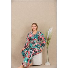 L'ombre Büyük Beden Renkli Yaprak Desenli Düğmeli Uzun Kol Viskon Pijama Takımı