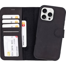 BloominBag Bloomcase Apple iPhone 16 Pro (6.3") Onyx Black Hakiki Deri Çıkarılabilir Cüzdanlı Telefon Kılıfı