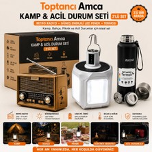 Toptancı Amca Güneşin Olduğu Her Yerde Kullan 3'lü Kamp & Acil Durum Seti Güneş Enerjili Retro Radyo Solar LED Fener Çelik Termos