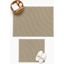 TAIBA COTTON Dalga %100 Pamuk 2'li Banyo Paspası, Yıkanabilir Su Emici Klozet Takımı - 60X100 + 50X60 cm - Bej