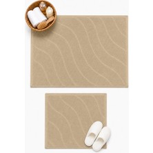 TAIBA COTTON Dalga %100 Pamuk 2'li Banyo Paspası, Yıkanabilir Su Emici Klozet Takımı - 60x100 + 50x60 cm - Cappuccino