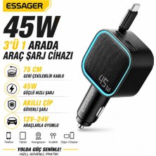 Essager 45W Hızlı Şarj Araç Şarj Cihazı Type C 75CM Çekilebilir Kablo Usb-C Usb-A 3'lü Çıkış 12V/24V