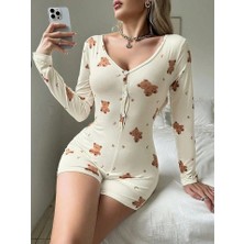 L'ombre Pamuklu Ekru Ayıcık Desenli Düğmeli Tulum Pijama