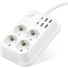 Topraklı Termal Akım Korumalı Uzatma Kablosu Anahtarlı 4 Priz 4 USB 2 Type-C 2 M Beyaz SH4629