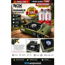 Rox Camping 0188 Tekli Portatif Kamp Ocak - Haki Yeşil, Rüzgarlıklı, Ekstra Gaz Girişli 2 Gaz Hediyeli