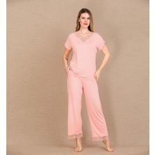 L'ombre Viskon Şık Tasarım Dantel Işlemeli Açık Pembe Kısa Kol Pijama Takımı