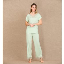 L'ombre Viskon Şık Tasarım Dantel Işlemeli Açık Yeşil Kısa Kol Pijama Takımı