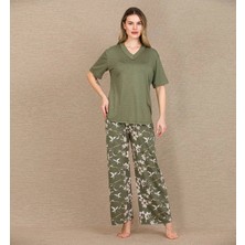 L'ombre Şık Tasarım Çiçek Desenli Yeşil Kısa Kol Viskon Pijama Takımı