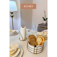 Edora Home 2’li Set Parlak Altın Kuğu Peçetelik Yuvarlak Ekmek Sepeti Mutfak Seti