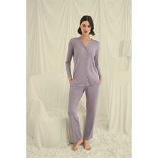 L'ombre Uzun Kollu Boydan Düğmeli V Yaka Pijama Takımı