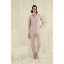 L'ombre Uzun Kollu Boydan Düğmeli V Yaka Pijama Takımı
