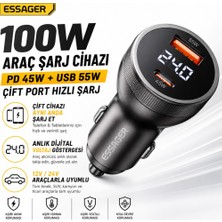 Essager 100W Araç Şarj Cihazı Pd Type C 45W + USB 55W Çift Port Hızlı Şarj Dijital Göstergeli Araç Şarj Adaptörü