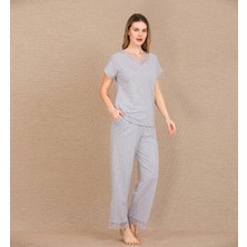 L'ombre Viskon Şık Tasarım Dantel Işlemeli Gri Kısa Kol Pijama Takımı