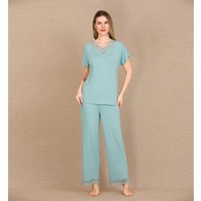 L'ombre Viskon Şık Tasarım Dantel Işlemeli Mint Yeşil Kısa Kol Pijama Takımı