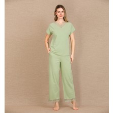 L'ombre Pamuklu Şık Tasarım Dantel Işlemeli Yeşil Kısa Kol Pijama Takımı