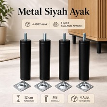 Nzb (4 Adet) Metal Ayak Siyah 12 cm Mobilya Baza Sehpa Dolap Masa Ayağı M8 Civatalı Bağlantı Aparatlı