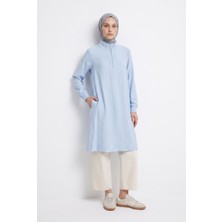 Armine Trend Doğal Kumaş Yarım Fermuarlı Kolları Lastikli Hakim Yaka Rahat Kalıp Tunik Mavi 26YT462