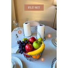 Edora Home 3’lü Set Mat Gümüş Kuğu Peçetelik Dik Kağıt Havluluk Misketli Oval Köşeli Meyve Sepeti Mutfak Seti